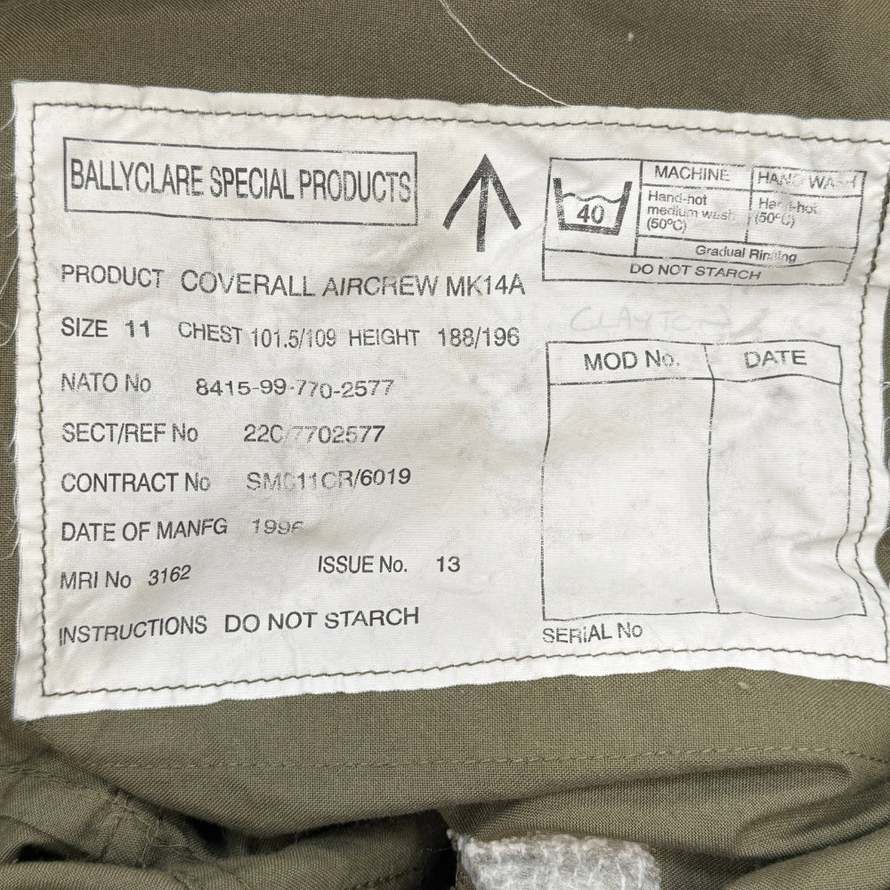 British Military Ballyclare Olive Green AirCrew MK14A Coverall