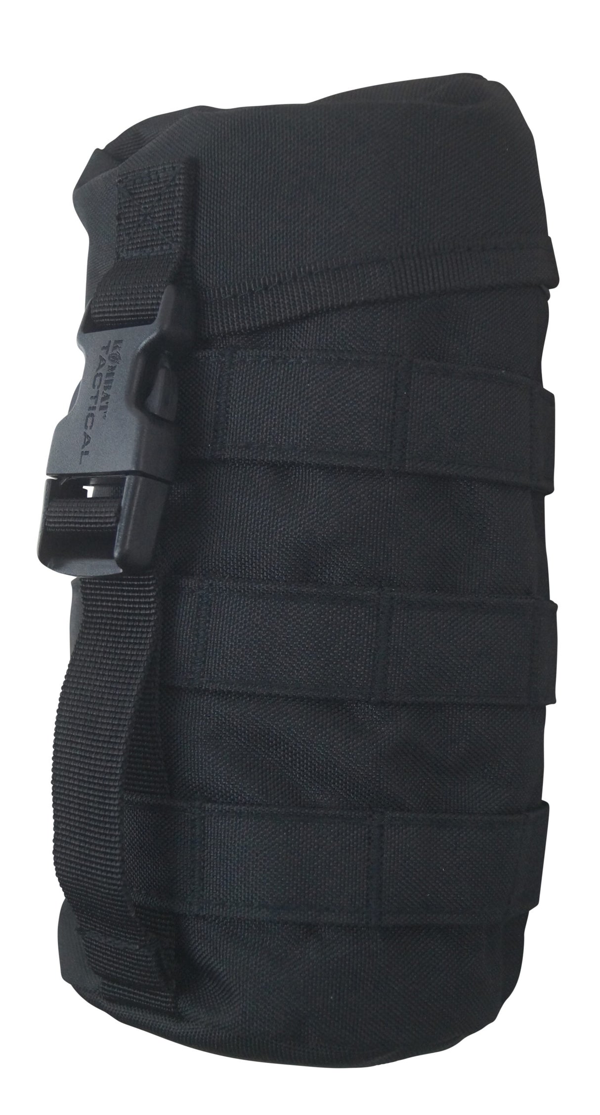 Black tactical pouch with multiple straps on a white background