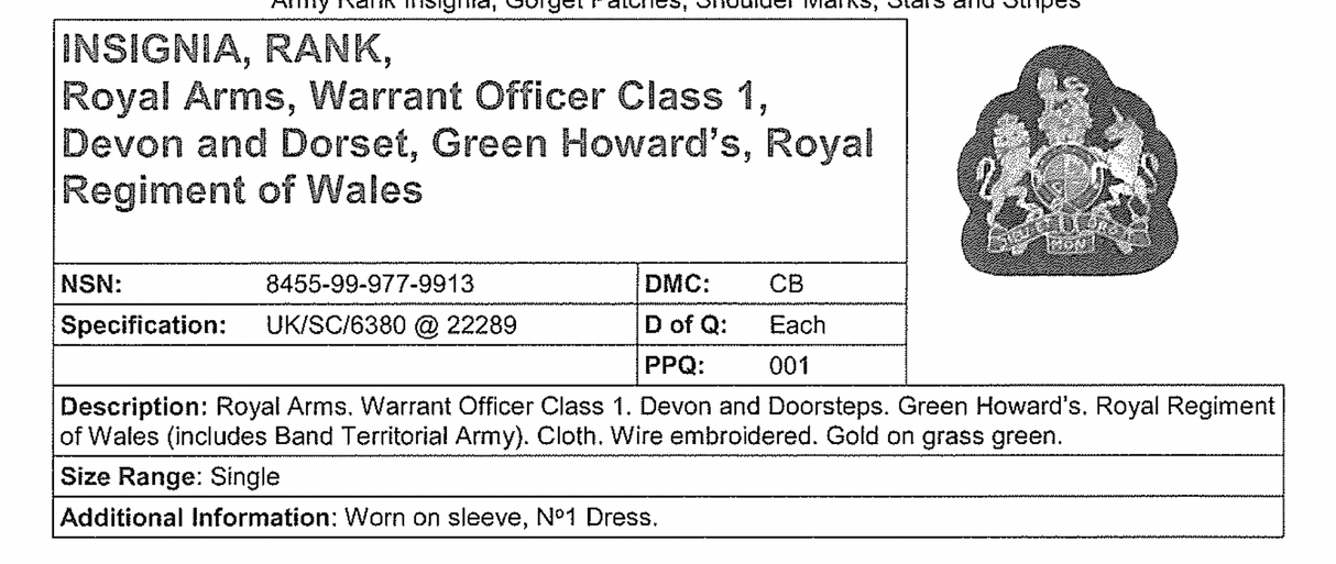 British Military Coat of Arms Insignia Patch - Gold and Silver on Green