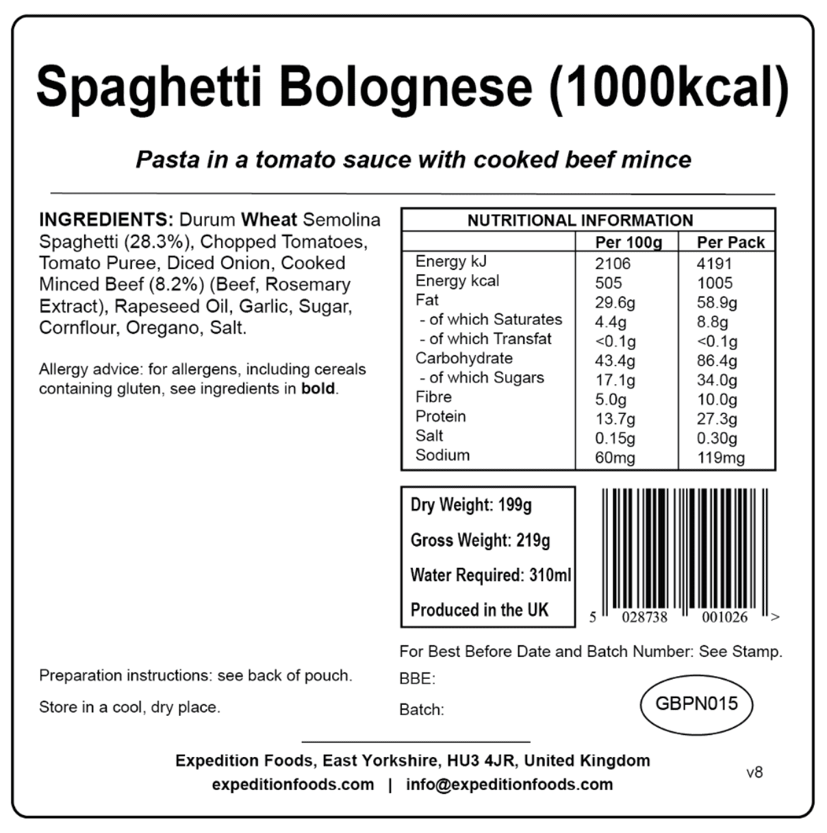 Expedition Foods Freeze Dried Meal Pouch - Spaghetti Bolognese - Various Sizes