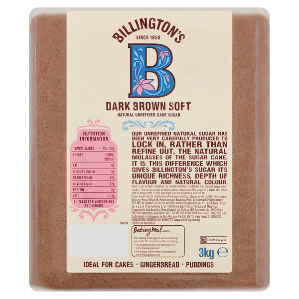 3kg Billington's Dark Brown Soft Natural Unrefined Cane Sugar - Bulk Food Ration Storage