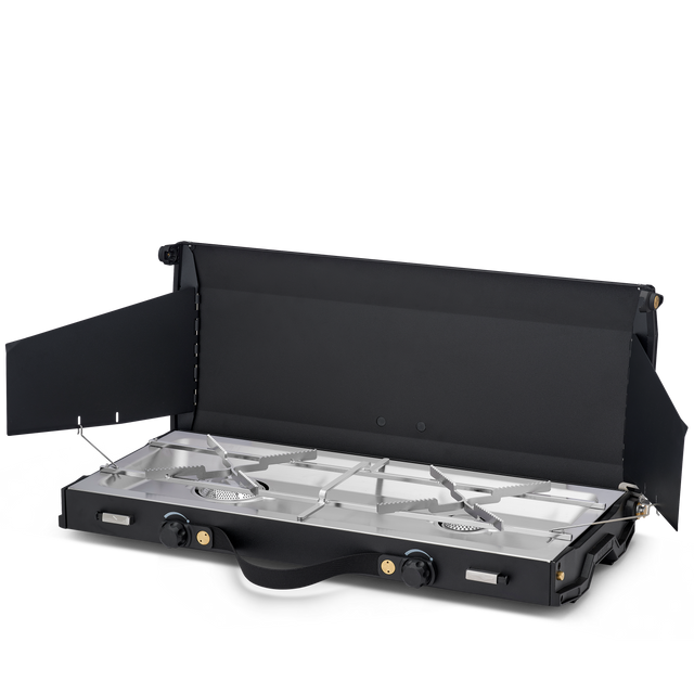 A black portable folding camp stove with two burners, shown open on a clean white background. The stove features a black metal body with silver stainless steel burner grates and control knobs.