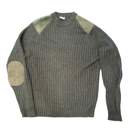 A ribbed knit sweater in dark gray with contrasting light beige shoulder panels and elbow patches, shown flat against a white background.