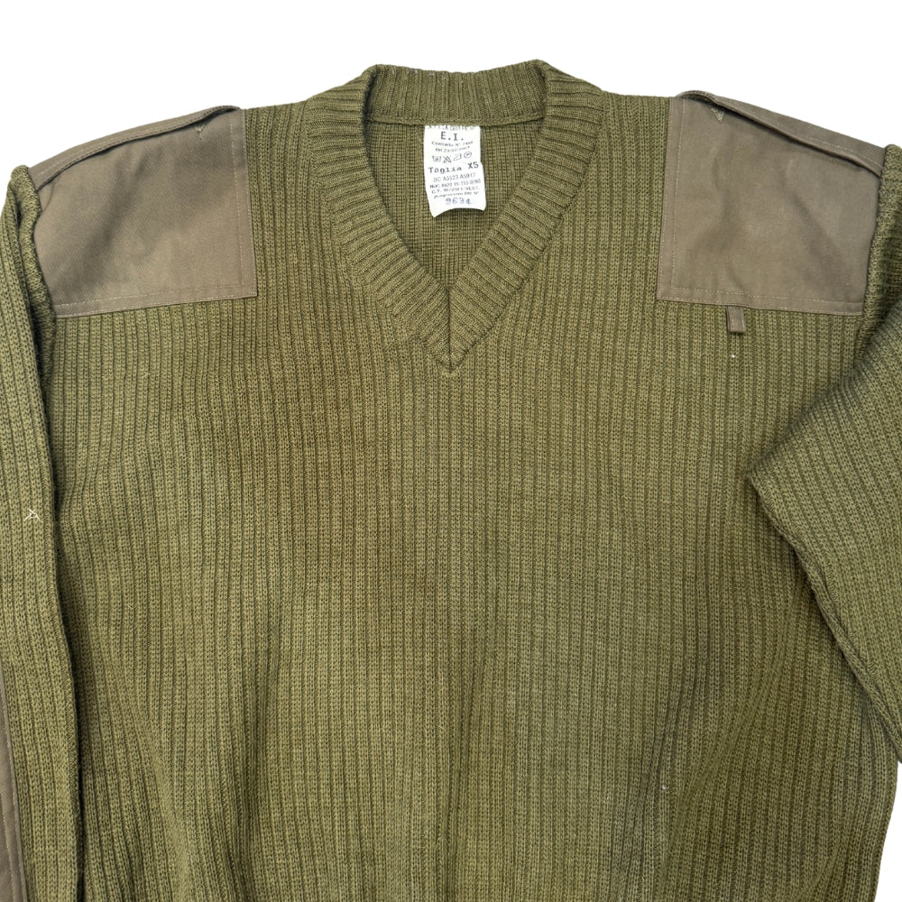 French Military Army OD Green Wool V-Neck Pullover Sweater
