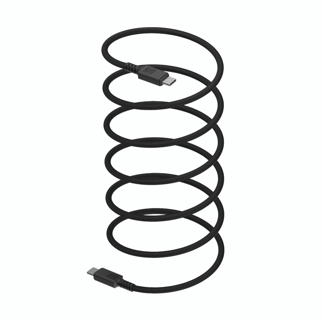A black USB-C to USB-C cable coiled vertically, shown on a plain white background.