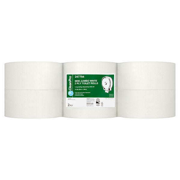 CleanPro Mini Jumbo White 2 Ply Toilet Rolls x 6