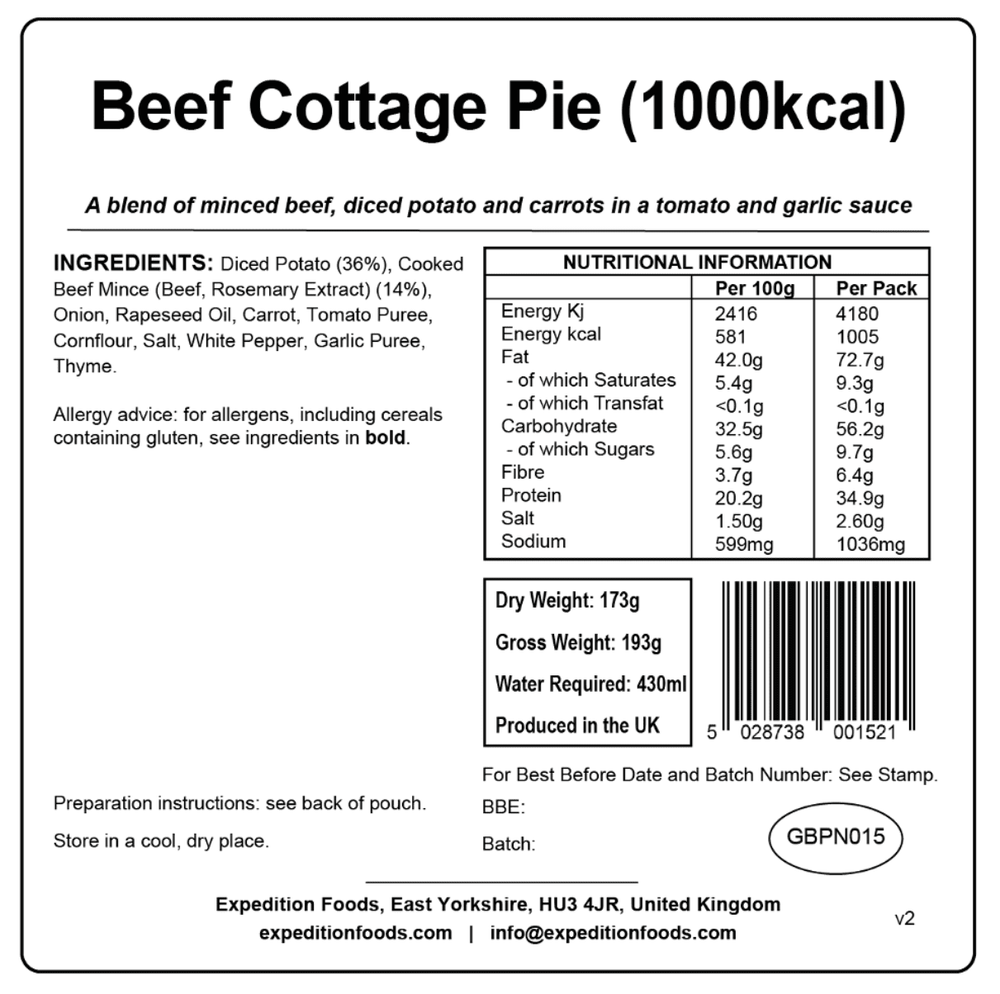 Expedition Foods Freeze Dried Meal Pouch - Beef Cottage Pie - Various Sizes