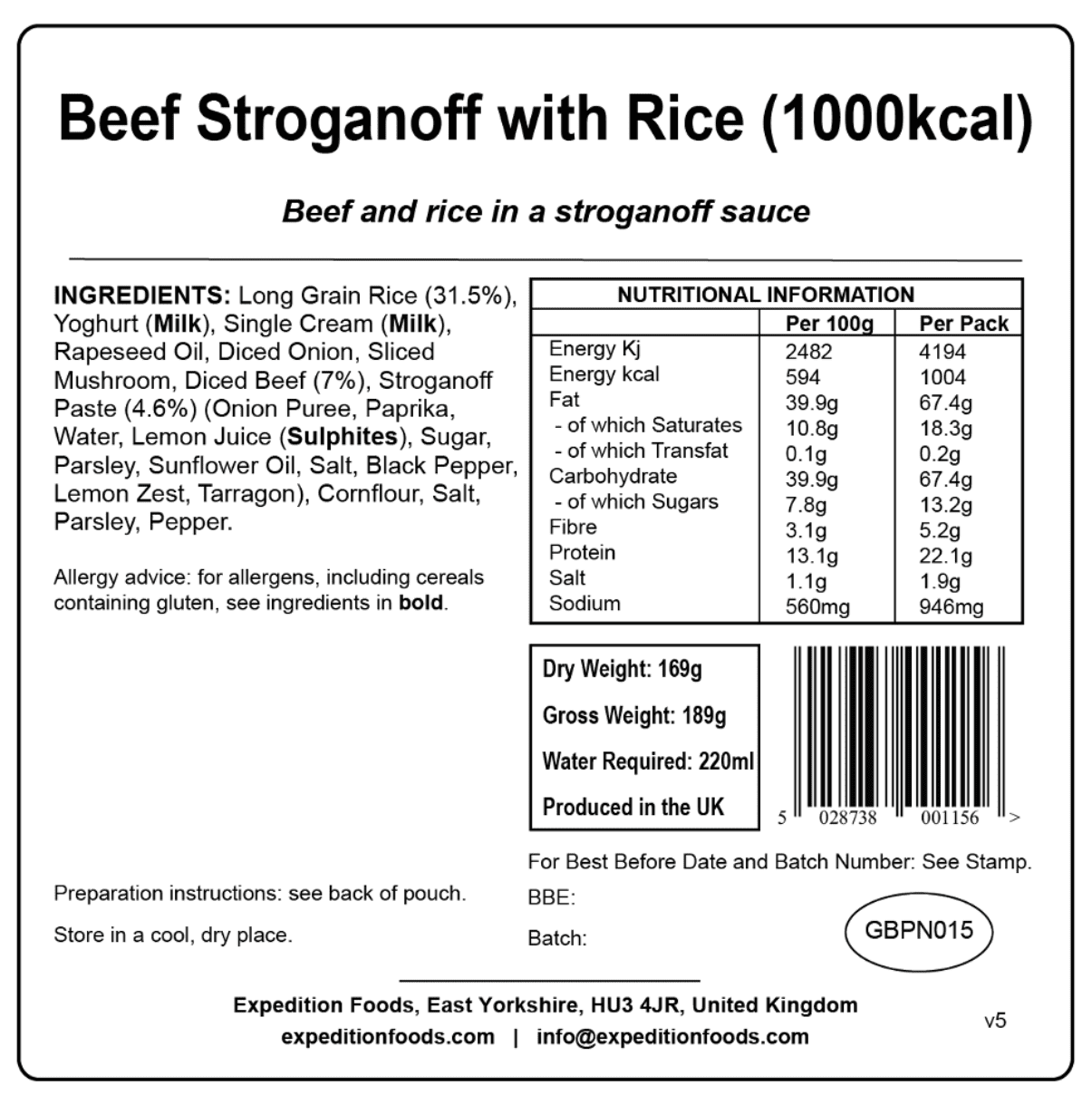 Expedition Foods Freeze Dried Meal Pouch - Beef Stroganoff With Rice - Various Sizes
