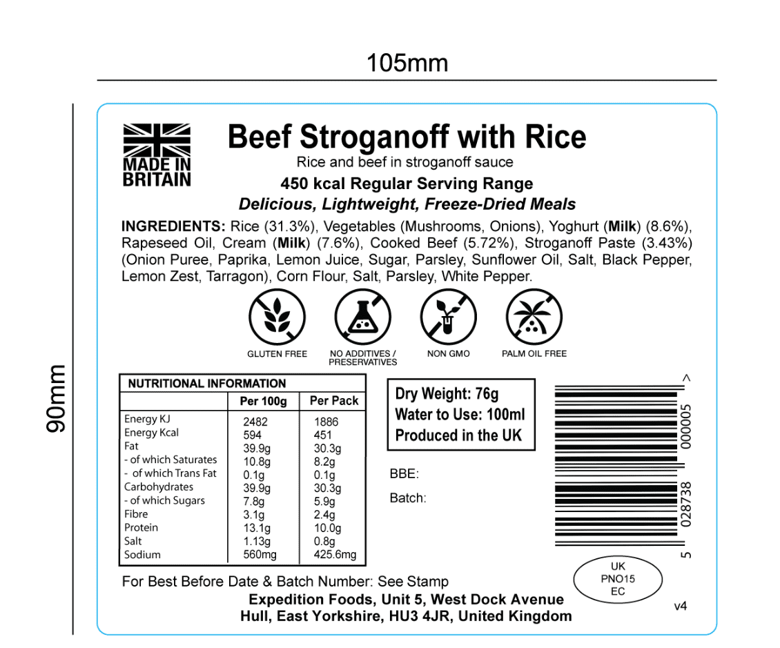 Expedition Foods Freeze Dried Meal Pouch - Beef Stroganoff With Rice - Various Sizes