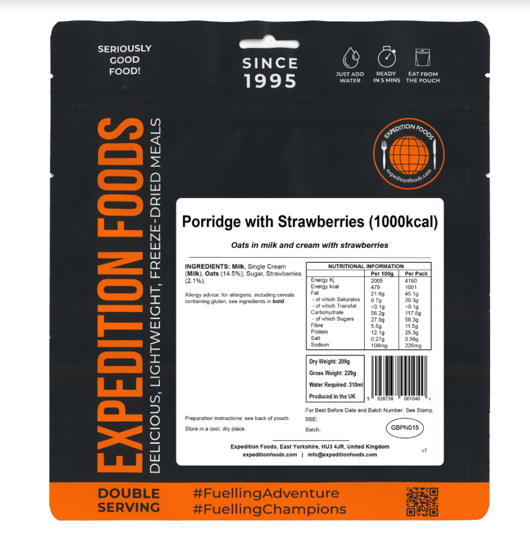 Expedition Foods Freeze Dried Meal Pouch - Breakfast Porridge With Strawberries - Various Sizes
