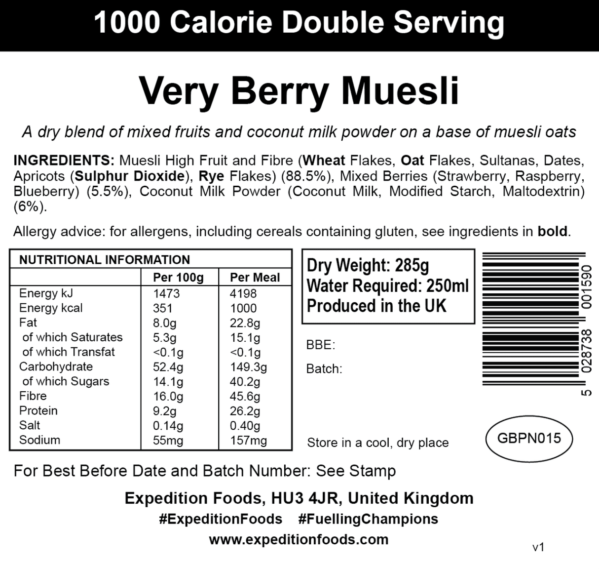 Expedition Foods Freeze Dried Meal Pouch - Breakfast Very Berry Muesli - Various Sizes