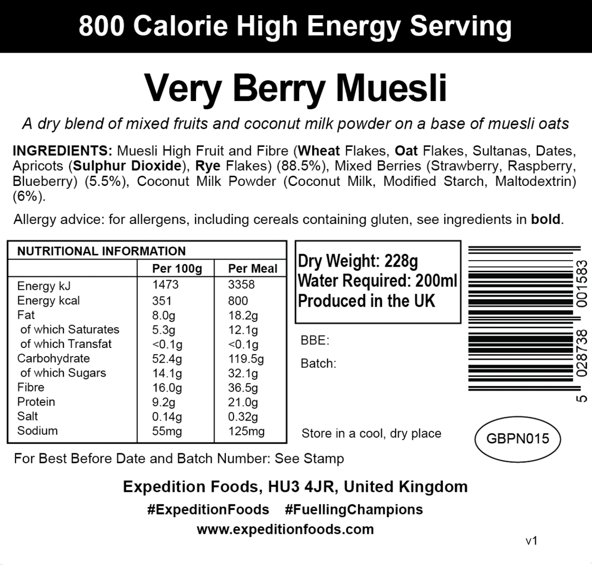 Expedition Foods Freeze Dried Meal Pouch - Breakfast Very Berry Muesli - Various Sizes