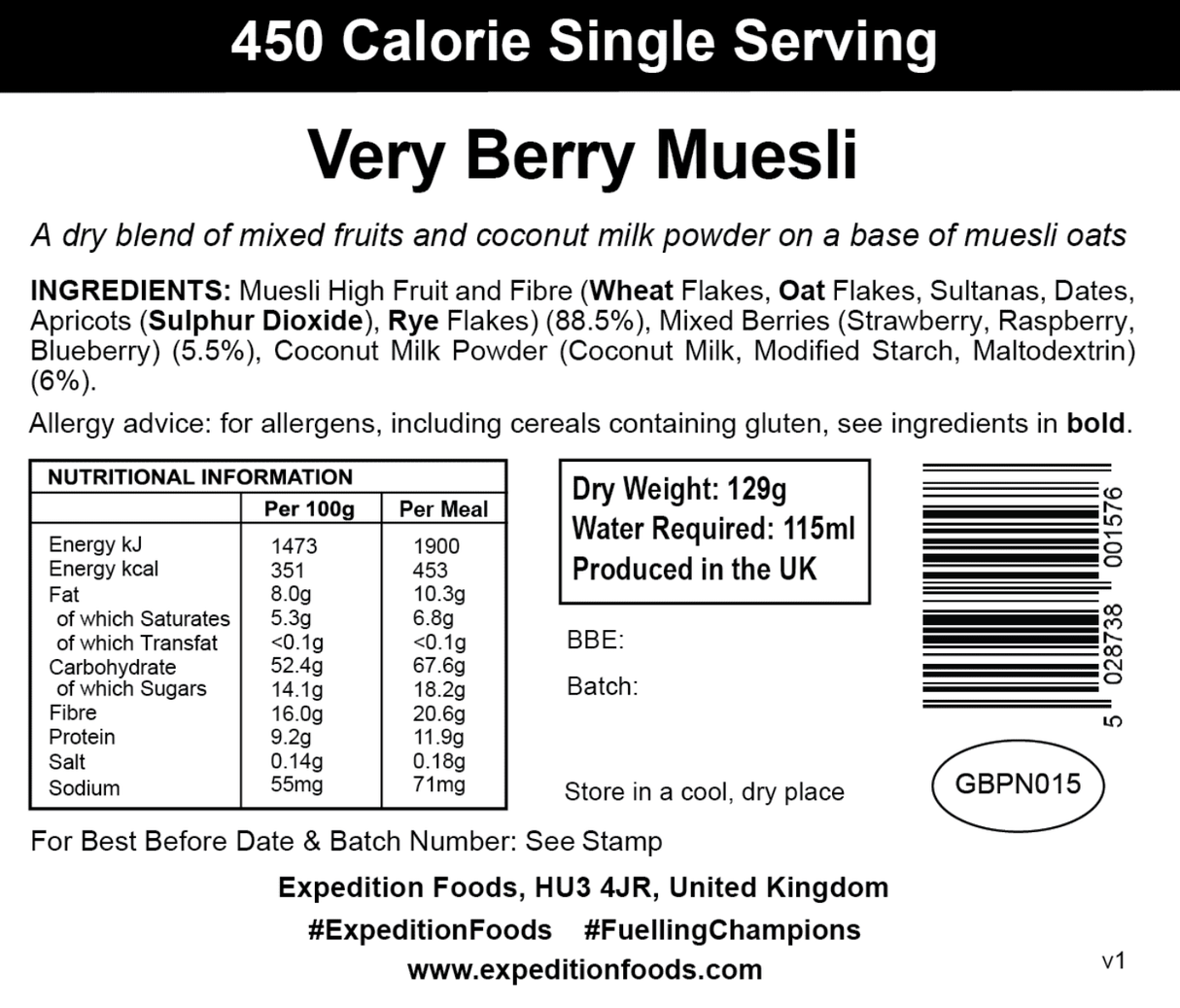 Expedition Foods Freeze Dried Meal Pouch - Breakfast Very Berry Muesli - Various Sizes