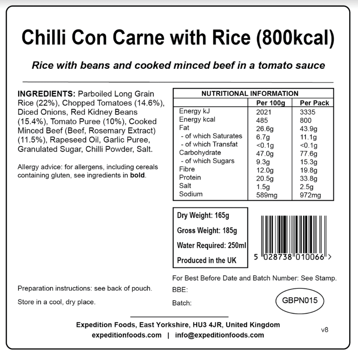 Expedition Foods Freeze Dried Meal Pouch - Chilli Con Carne With Rice - Various Sizes