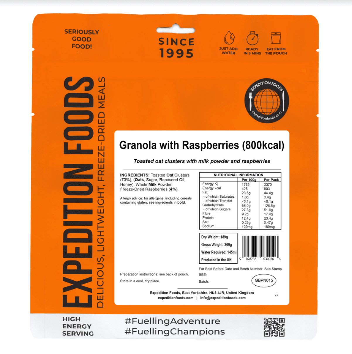 Expedition Foods Freeze Dried Meal Pouch - Granola With Raspberries - Various Sizes