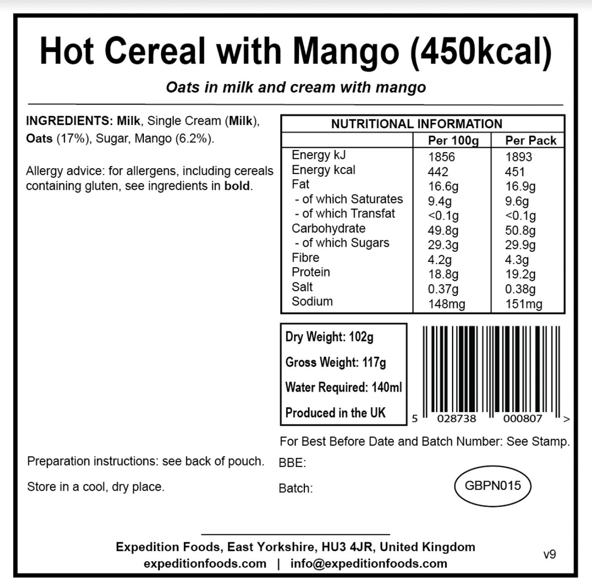 Expedition Foods Freeze Dried Meal Pouch - Hot Cereal With Mango - Various Sizes