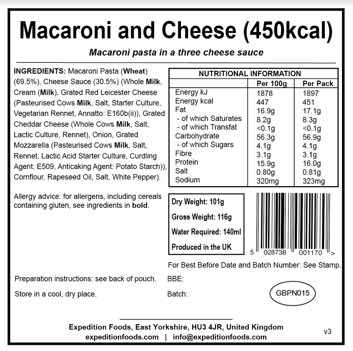 Expedition Foods Freeze Dried Meal Pouch - Macaroni And Cheese - Various Sizes