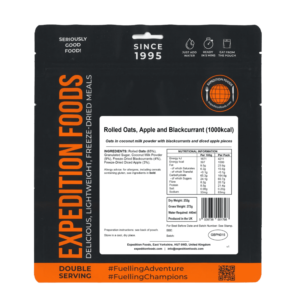 Expedition Foods Freeze Dried Meal Pouch - Rolled Oats Apple & Blackcurrant - Various Sizes