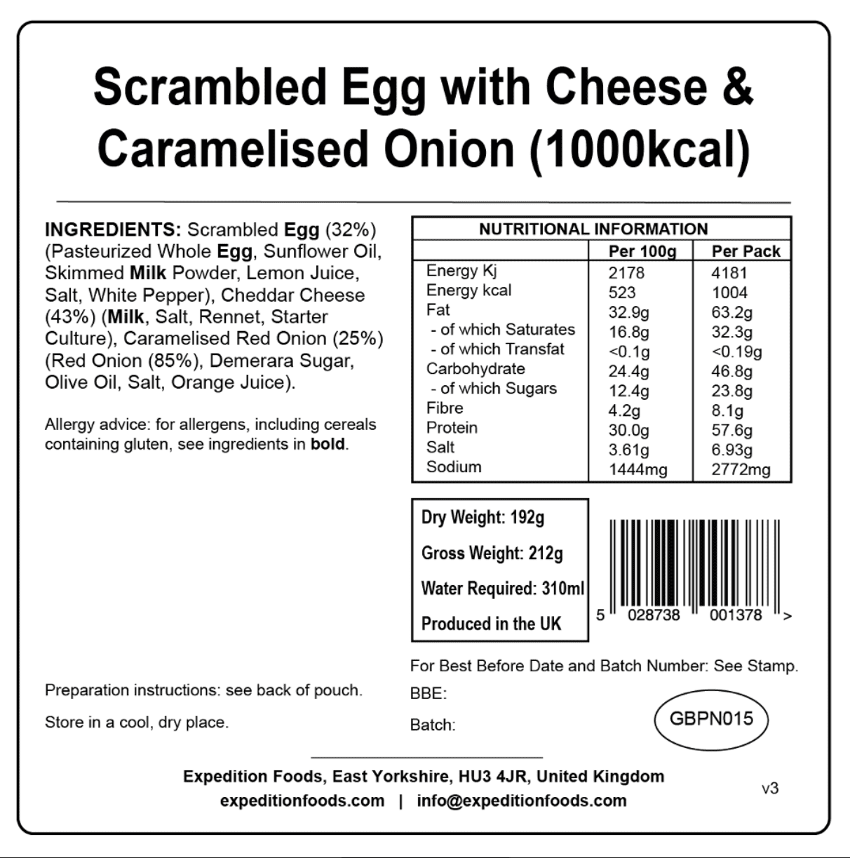 Expedition Foods Freeze Dried Meal Pouch - Scrambled Egg, Cheese & Caramelised Onion - Various Sizes