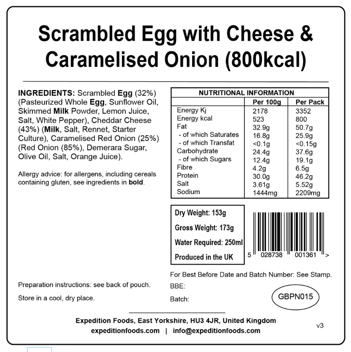 Expedition Foods Freeze Dried Meal Pouch - Scrambled Egg, Cheese & Caramelised Onion - Various Sizes