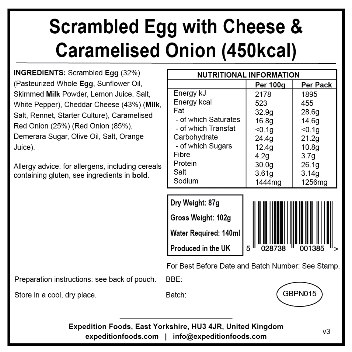 Expedition Foods Freeze Dried Meal Pouch - Scrambled Egg, Cheese & Caramelised Onion - Various Sizes