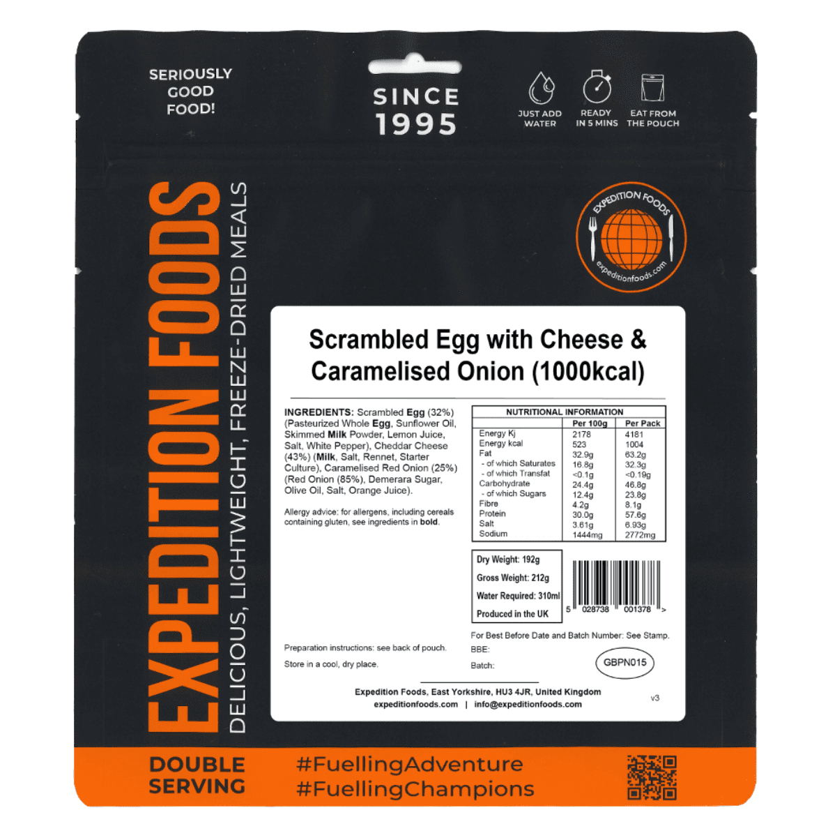 Expedition Foods Freeze Dried Meal Pouch - Scrambled Egg, Cheese & Caramelised Onion - Various Sizes