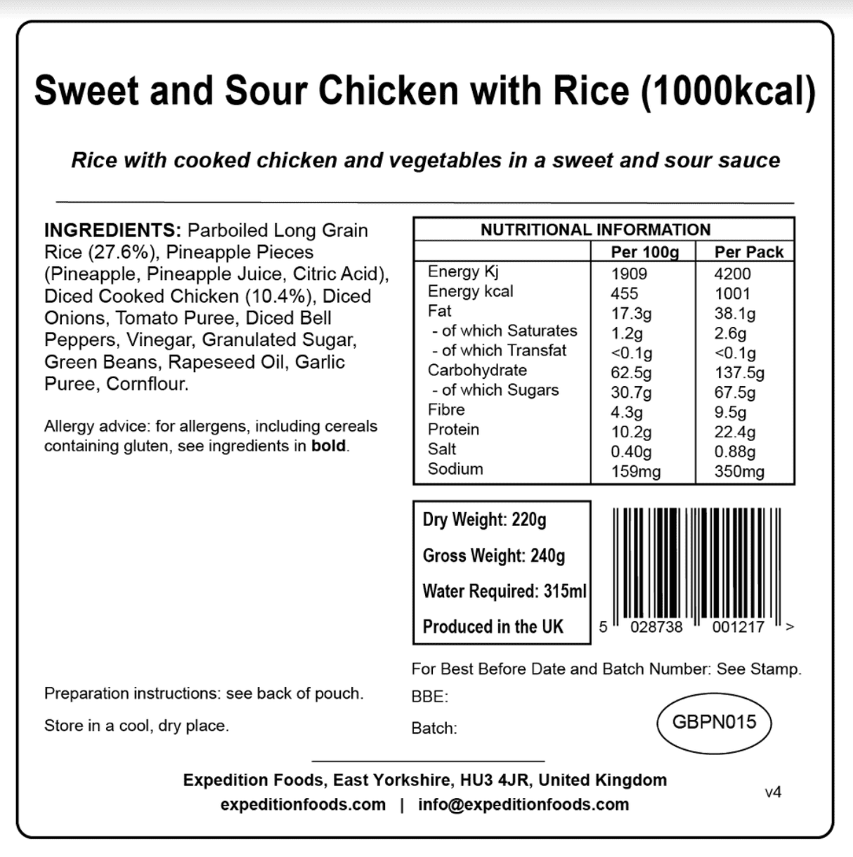 Expedition Foods Freeze Dried Meal Pouch - Sweet And Sour Chicken With Rice - Various Sizes