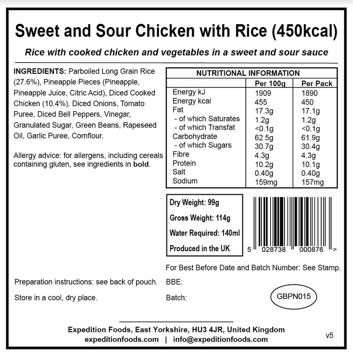 Expedition Foods Freeze Dried Meal Pouch - Sweet And Sour Chicken With Rice - Various Sizes