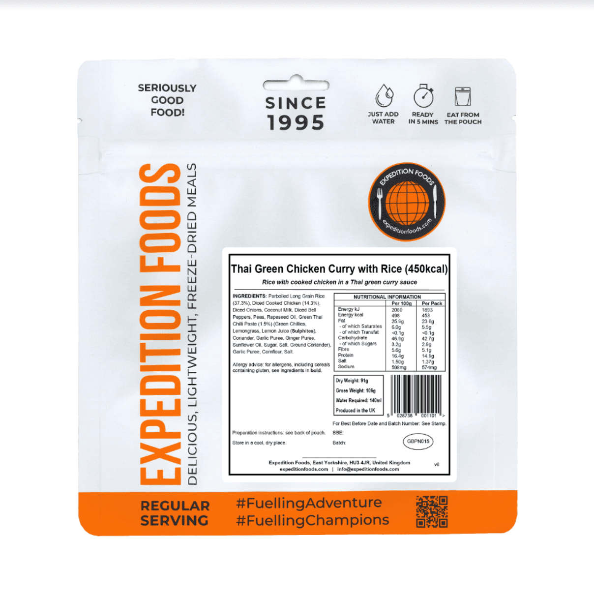Expedition Foods Freeze Dried Meal Pouch - Thai Green Chicken Curry With Rice - Various Sizes