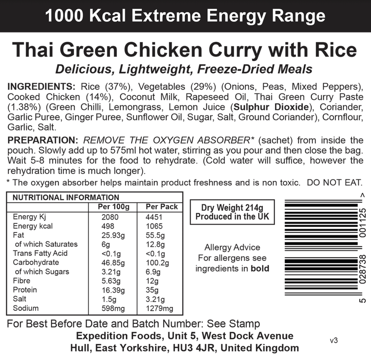 Expedition Foods Freeze Dried Meal Pouch - Thai Green Chicken Curry With Rice - Various Sizes
