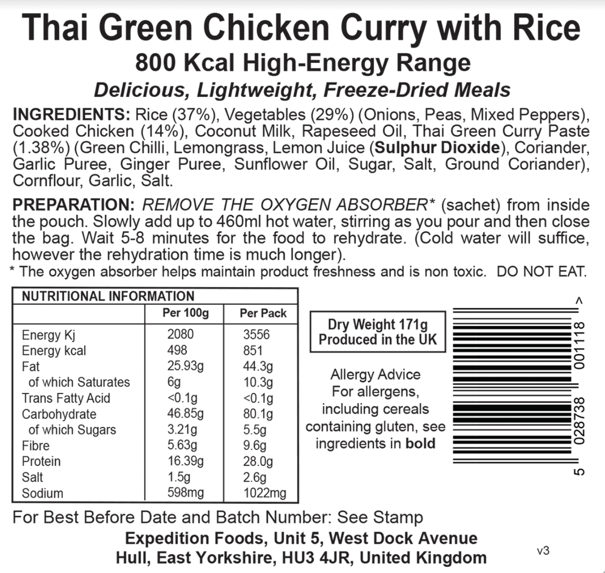 Expedition Foods Freeze Dried Meal Pouch - Thai Green Chicken Curry With Rice - Various Sizes