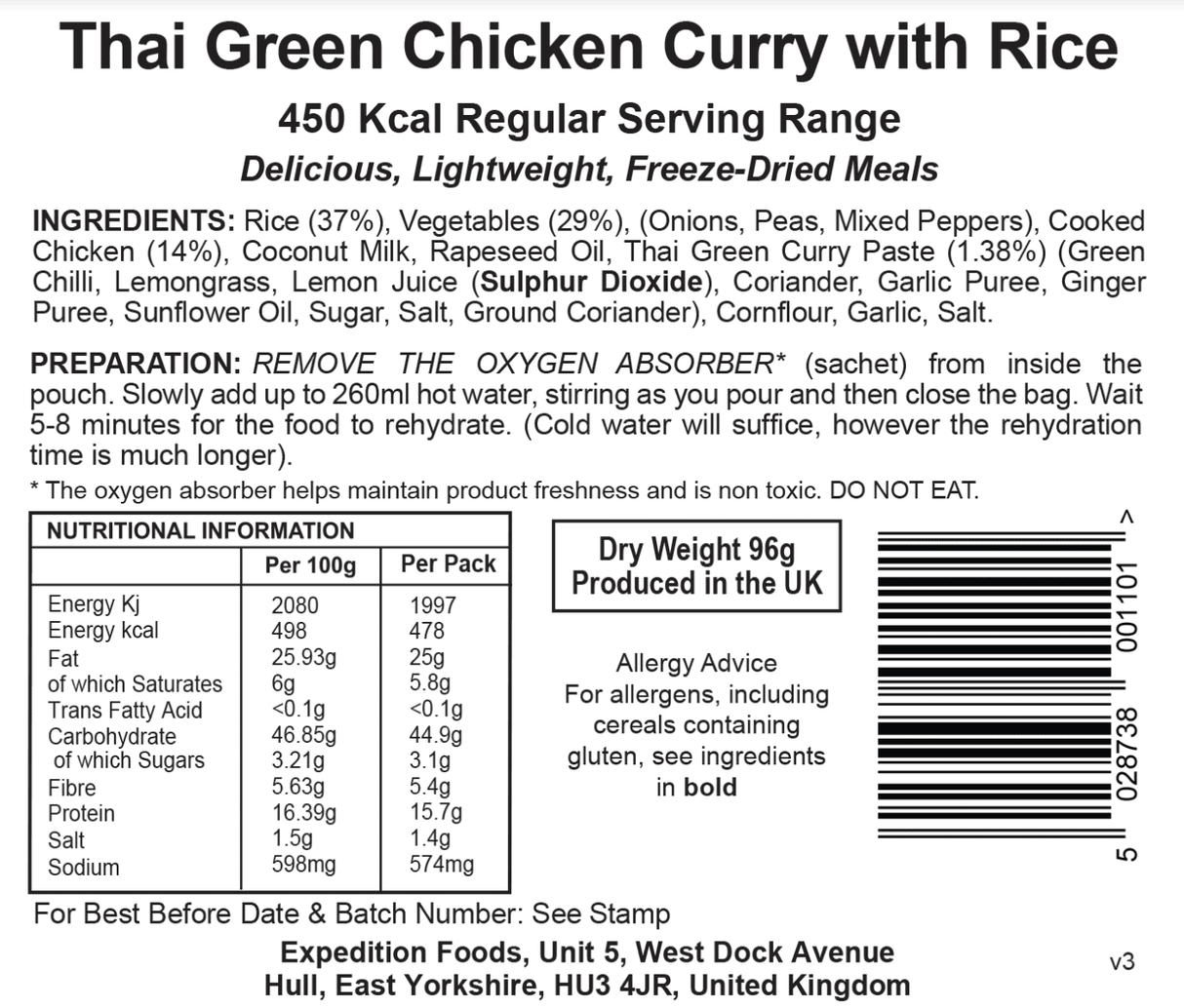 Expedition Foods Freeze Dried Meal Pouch - Thai Green Chicken Curry With Rice - Various Sizes
