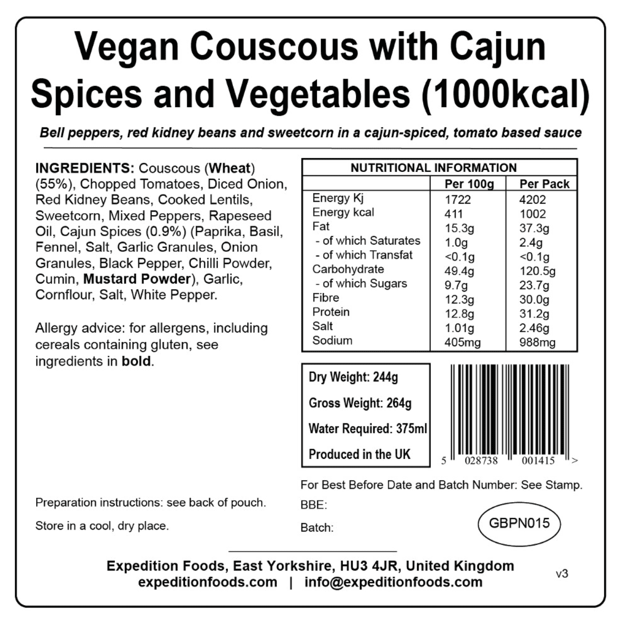 Expedition Foods Freeze Dried Meal Pouch - Vegan Couscous With Cajun Spices & Veg - Various Sizes