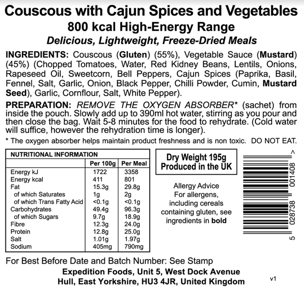 Expedition Foods Freeze Dried Meal Pouch - Vegan Couscous With Cajun Spices & Veg - Various Sizes