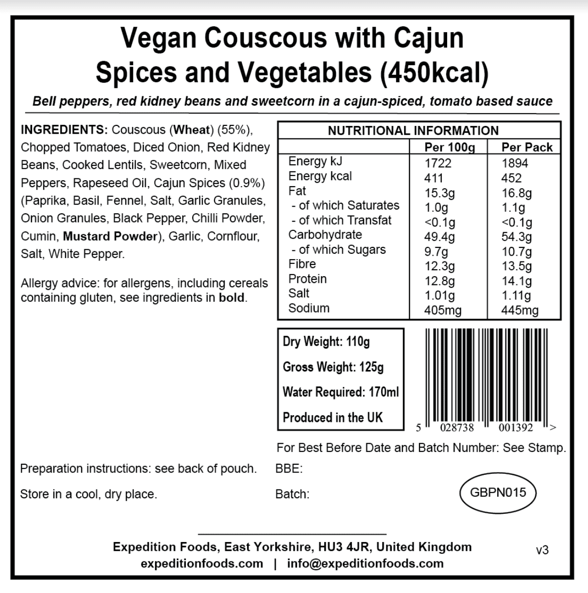 Expedition Foods Freeze Dried Meal Pouch - Vegan Couscous With Cajun Spices & Veg - Various Sizes