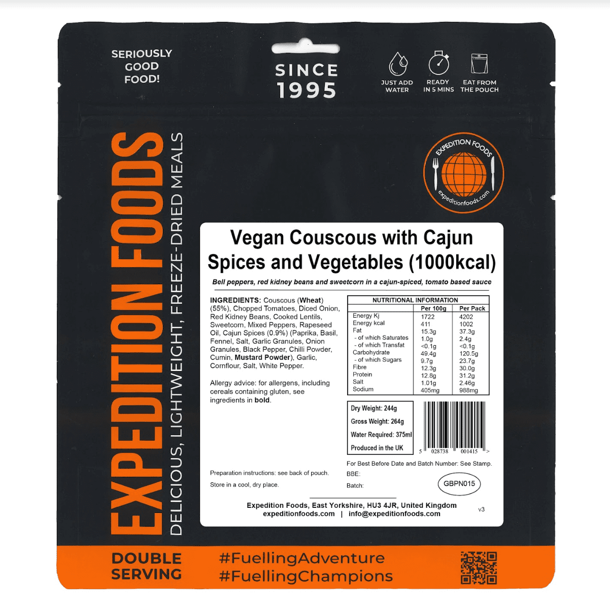 Expedition Foods Freeze Dried Meal Pouch - Vegan Couscous With Cajun Spices & Veg - Various Sizes