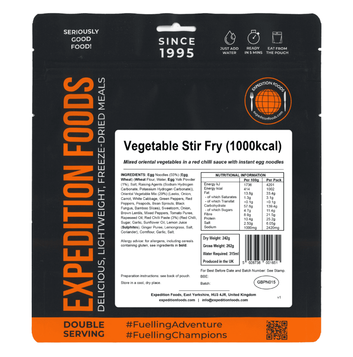 Expedition Foods Freeze Dried Meal Pouch - Vegetable Stir Fry - Various Sizes