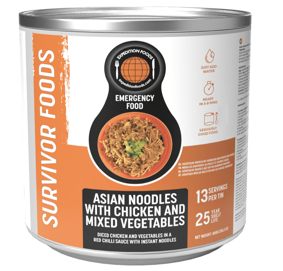 Expedition Foods Freeze Dried Meal Tin Asian Noodles with Chicken and Mixed Vegetables - 13 Servings